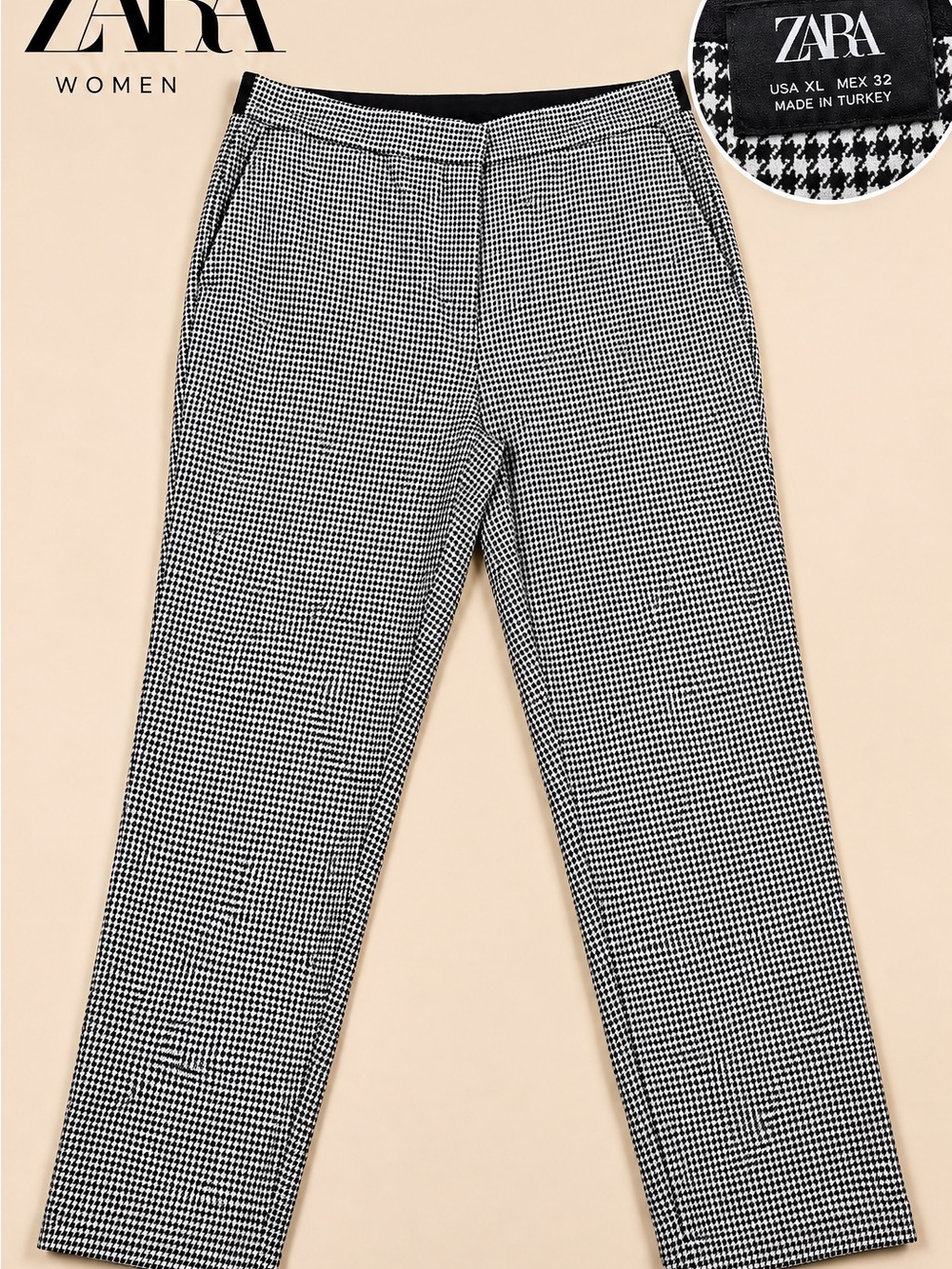 ZARA Houndstooth Pants Women’s XL Black & White